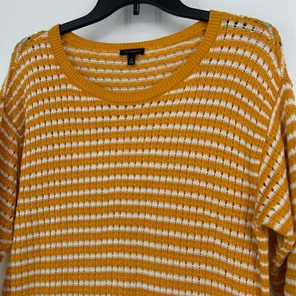 Talbots Mustard Yellow Stripe Open Knit Tunic Sweater 3/4 Sleeves Crew Neck Sz M - Picture 2 of 10